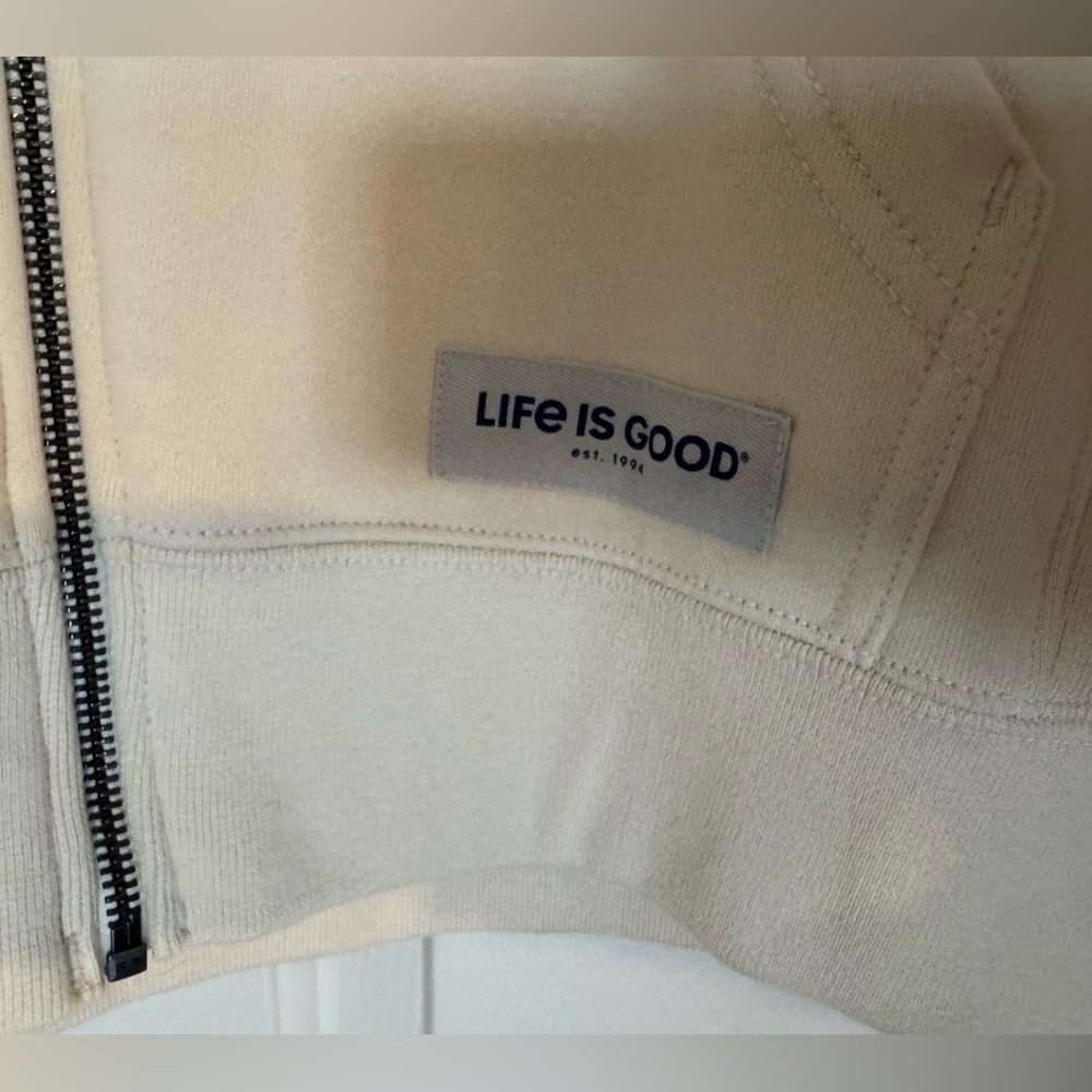 “Life Is Good” Cream Zip Hoodie with Teal Logo, Size Large. Excellent condition! - Picture 4 of 6